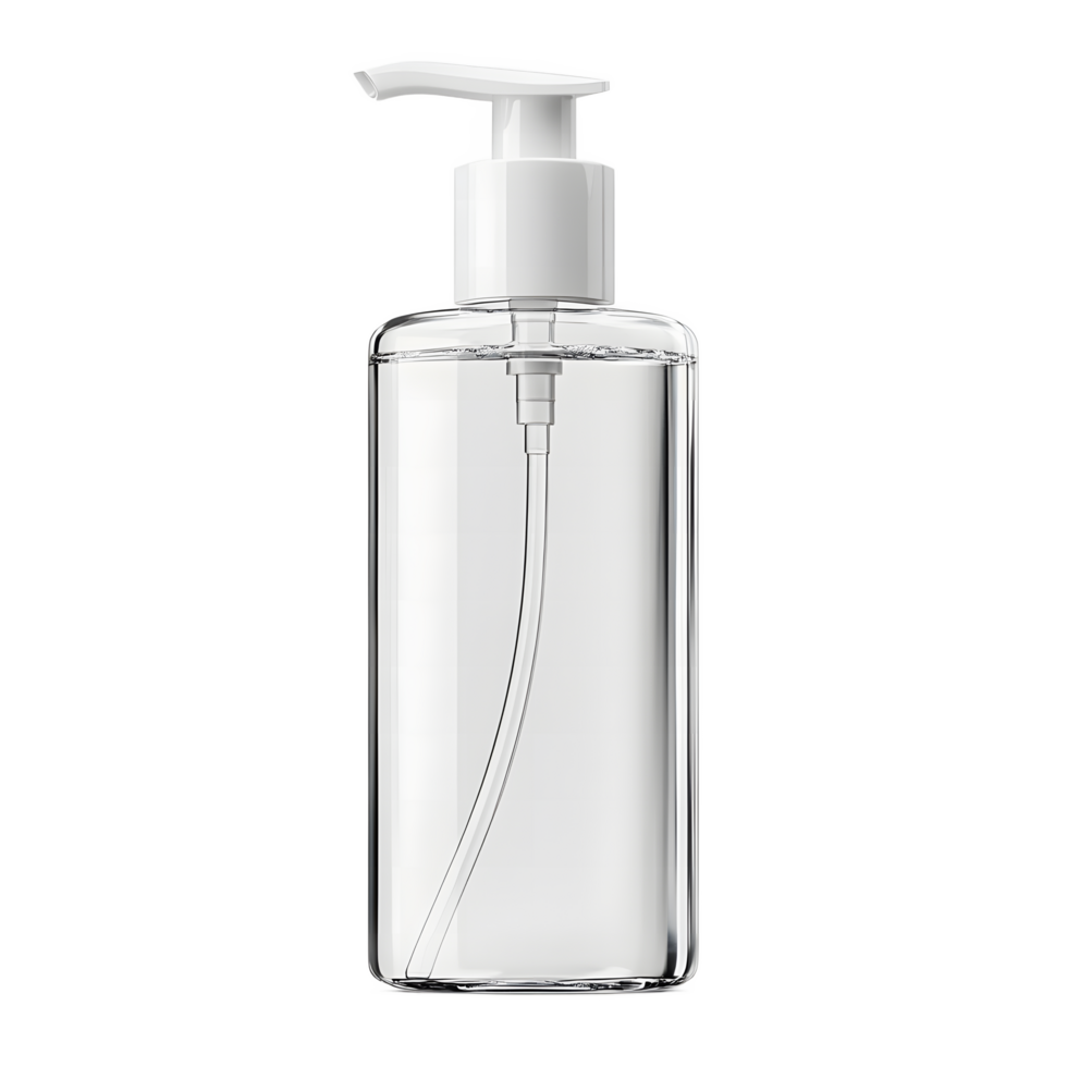 Clear liquid in a transparent pump bottle with a white dispenser isolated on transparent background png