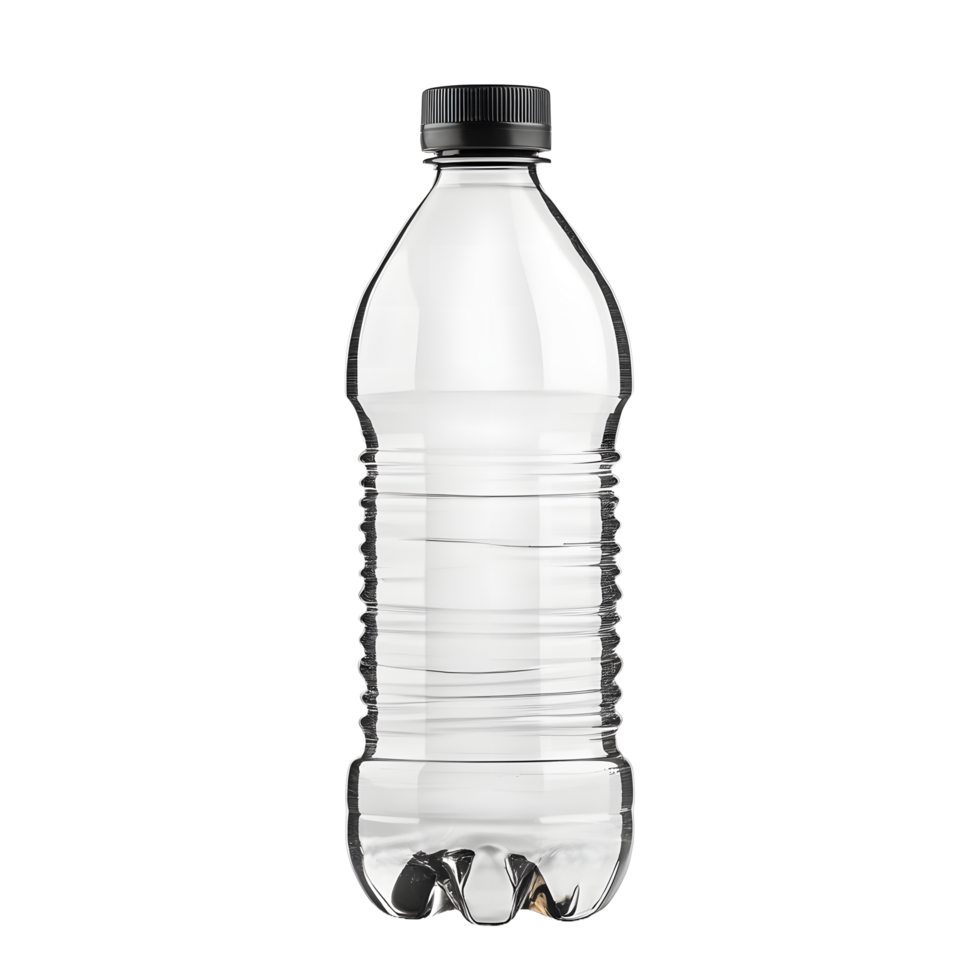 Clear plastic water bottle with black cap isolated on transparent background png