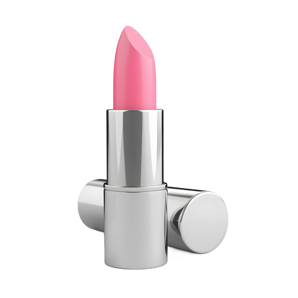 Shiny silver lipstick case with bright pink lipstick bullet isolated on transparent background png