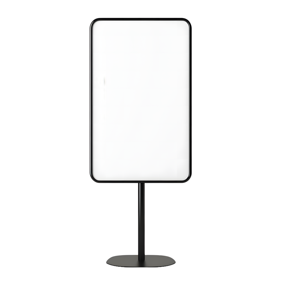 Modern black floor standing display sign with blank white screen isolated on transparent background png