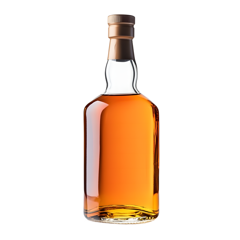 A clear glass bottle filled with amber colored liquid isolated on transparent background png