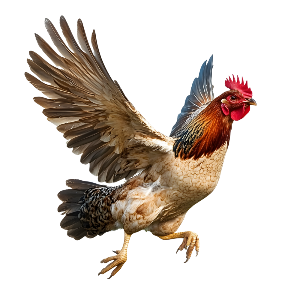 A rooster with wings spread wide in flight isolated on transparent background png