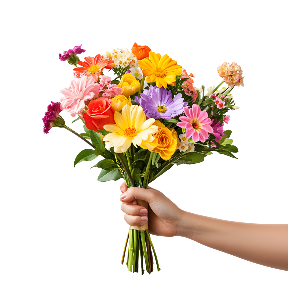 Hand holding a colorful bouquet of mixed flowers isolated on transparent background png