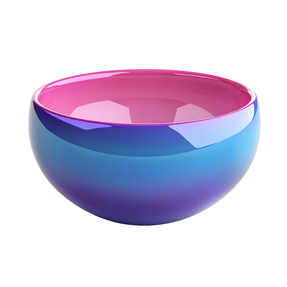 A modern glossy bowl with a gradient of pink blue and purple colors isolated on transparent background png