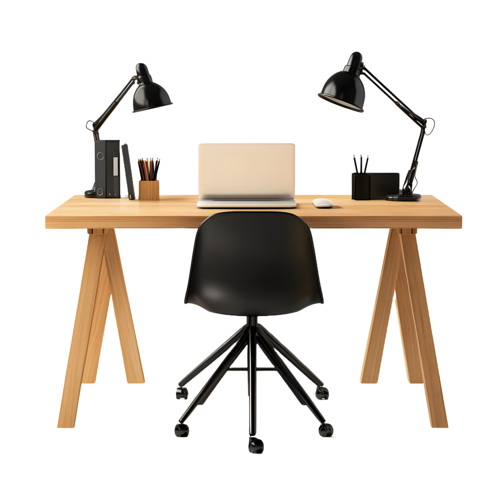 Modern wooden desk with laptop chair and desk lamps isolated on transparent background png