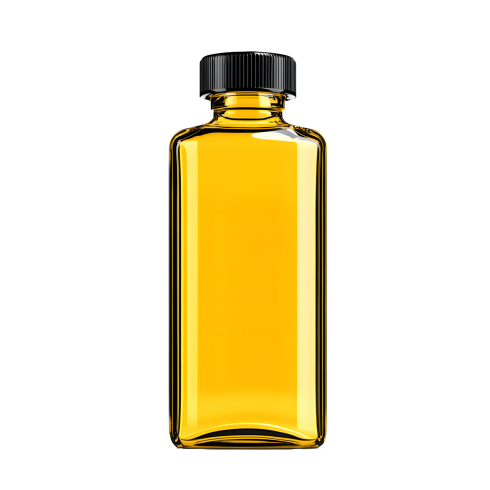 A clear glass bottle filled with golden yellow liquid and a black cap isolated on transparent background png