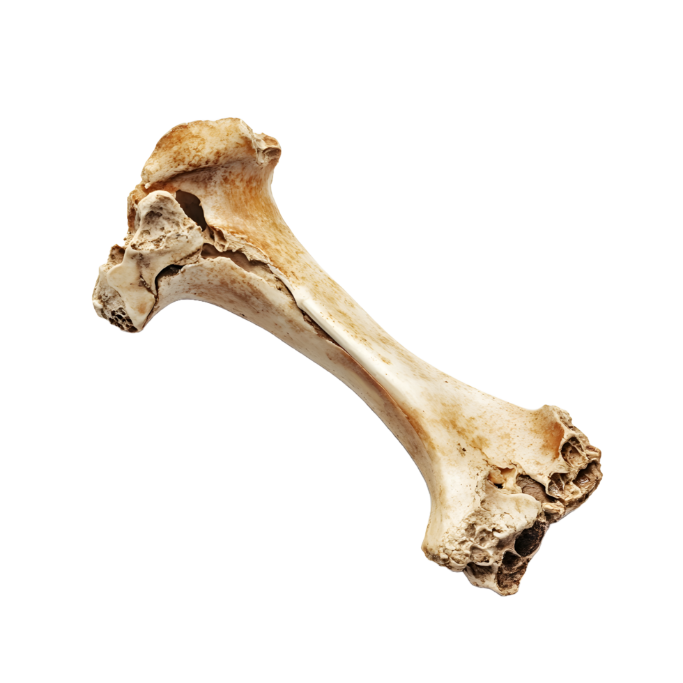 A single weathered animal bone with porous ends and a central fracture isolated on transparent background png