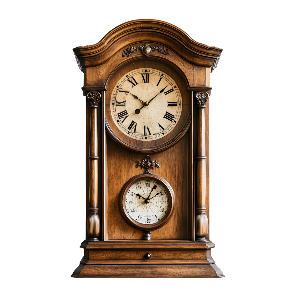 Antique wooden grandfather clock with roman numerals and a secondary dial isolated on transparent background png