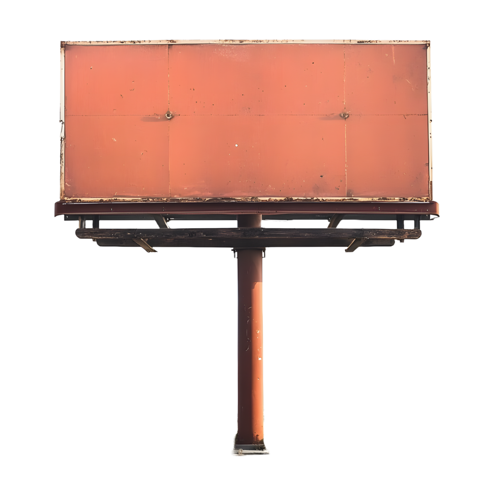 Weathered orange billboard structure with metal frame and wooden supports isolated on transparent background png