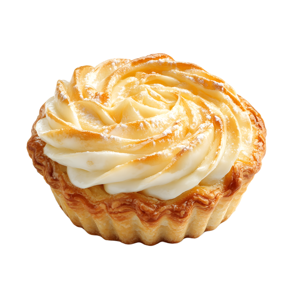 Golden baked tart with creamy swirl topping and powdered sugar isolated on transparent background png
