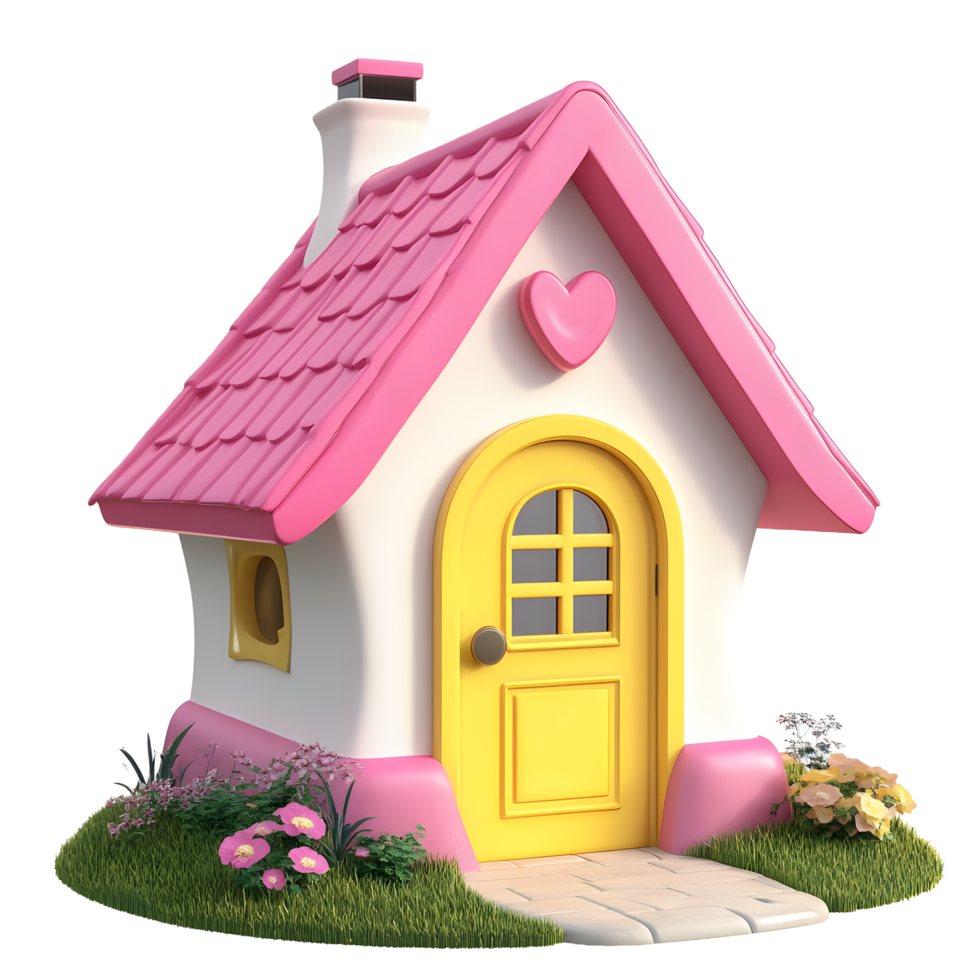 Charming cartoon house with pink roof and yellow door decorated with a heart isolated on transparent background png