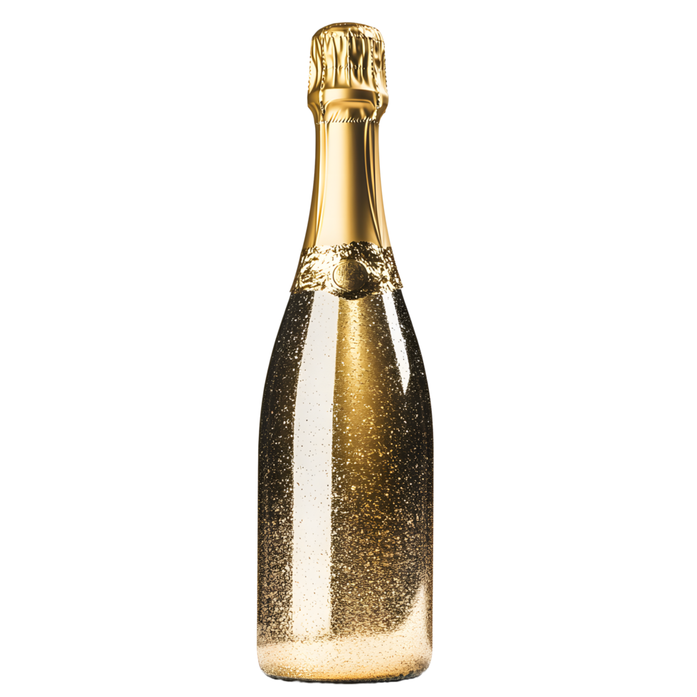 Elegant gold champagne bottle with sparkling bubbles isolated on transparent background png