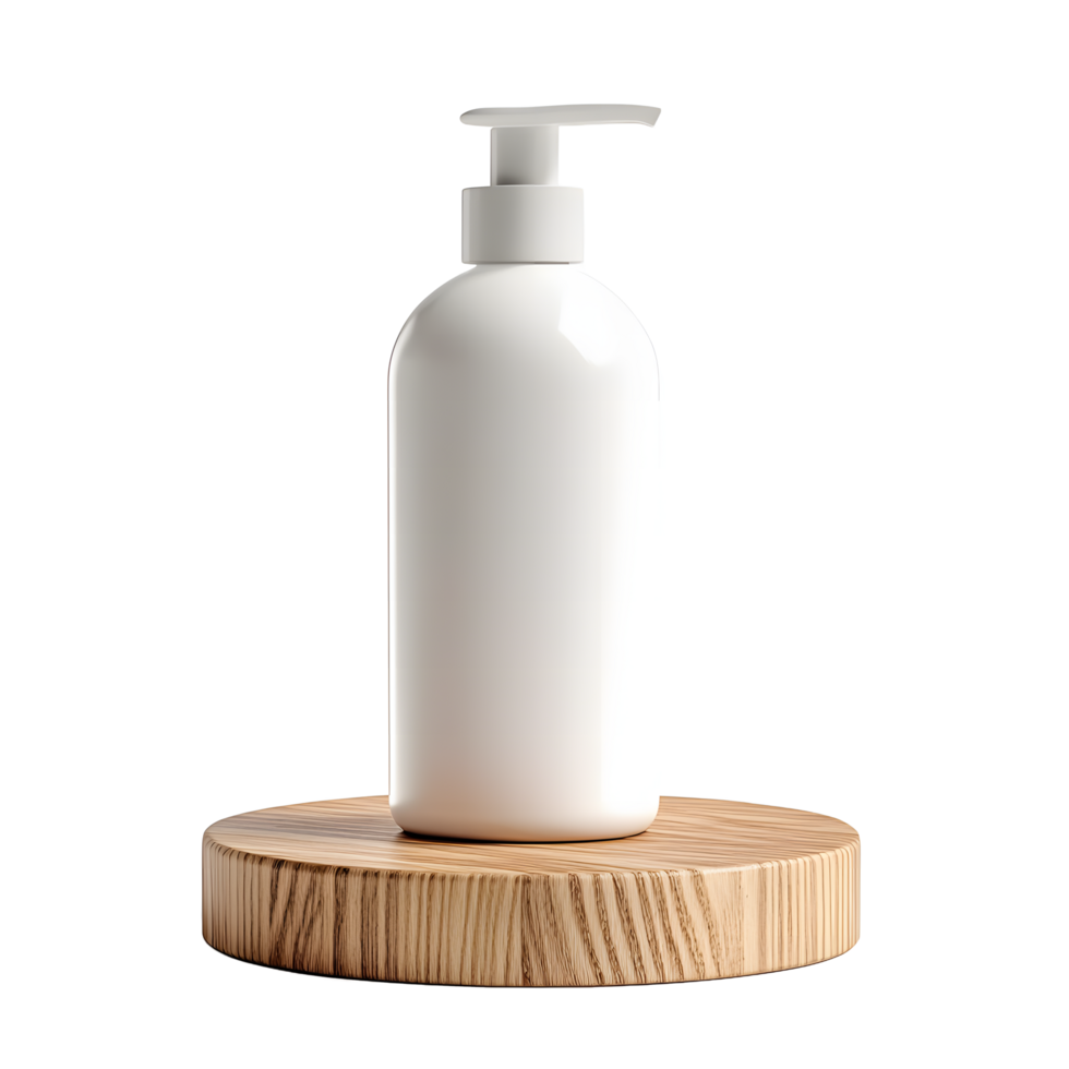 Minimalist white pump bottle with a modern wooden base isolated on transparent background png