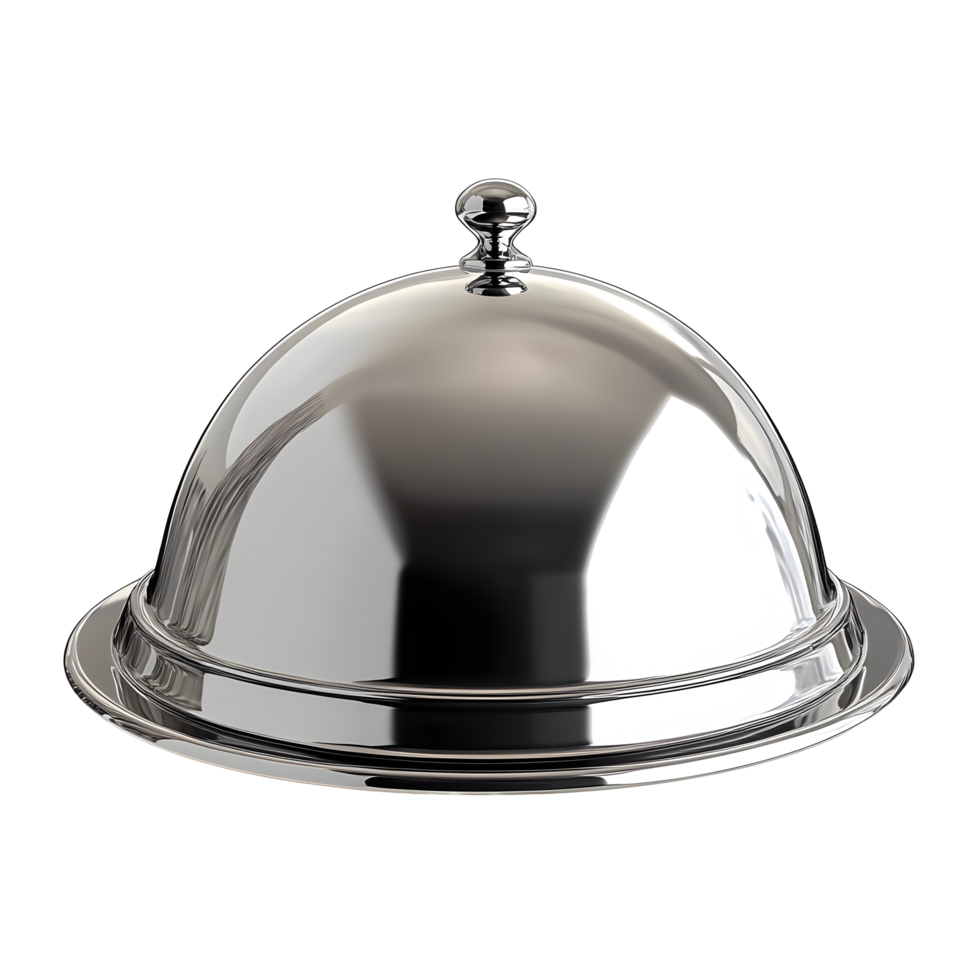 A polished silver cloche or food cover with a rounded lid and handle isolated on transparent background png