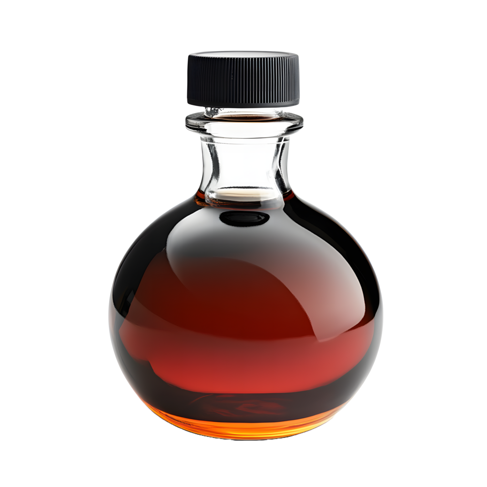 A round glass bottle filled with amber liquid and a black screw cap isolated on transparent background png