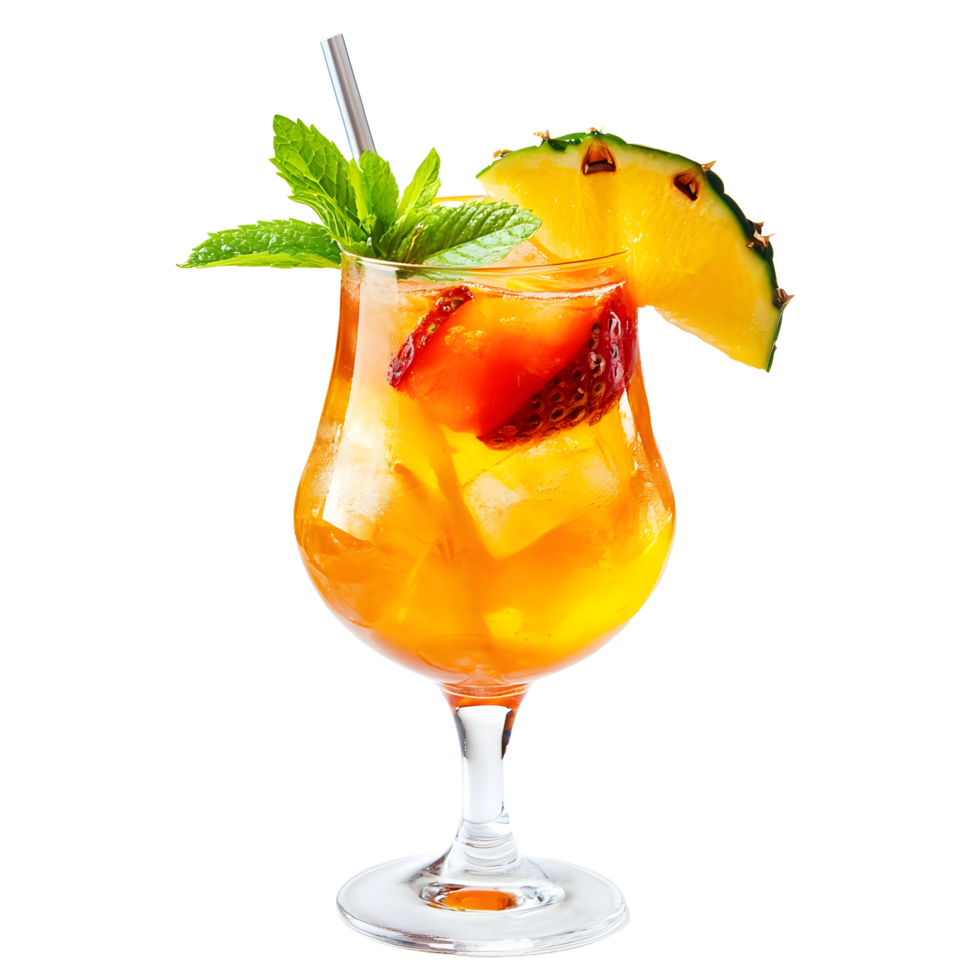 Refreshing orange cocktail with strawberries mint and pineapple slice isolated on transparent background png