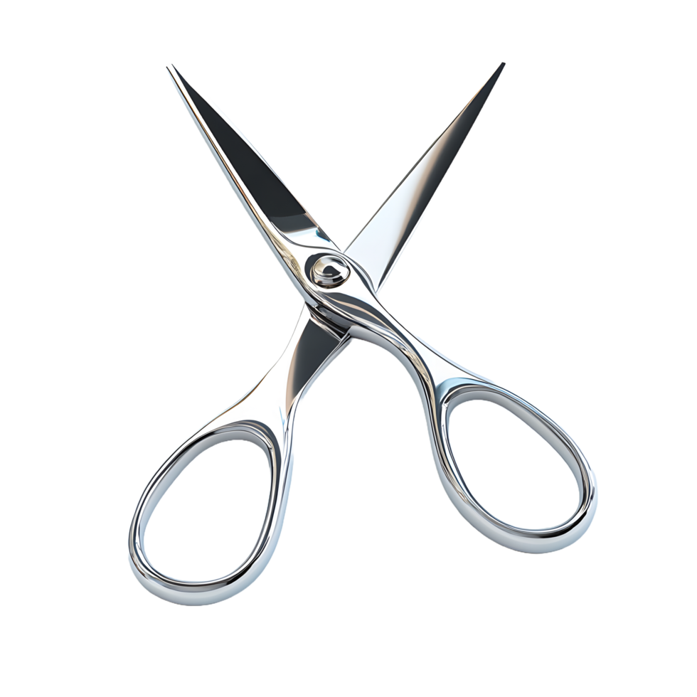 A pair of shiny silver metal scissors with sharp blades and finger loops isolated on transparent background png