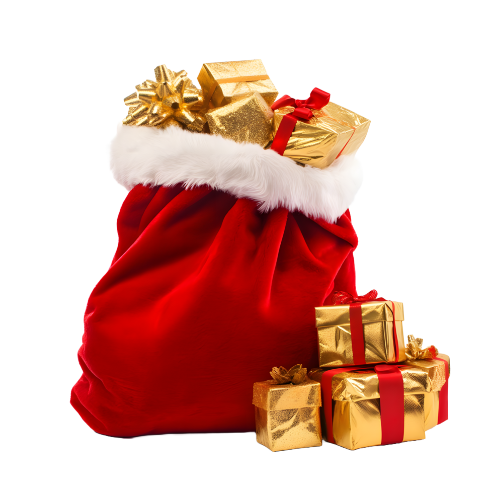 Santa claus red velvet sack overflowing with shiny gold christmas presents and red ribbons isolated on transparent background png