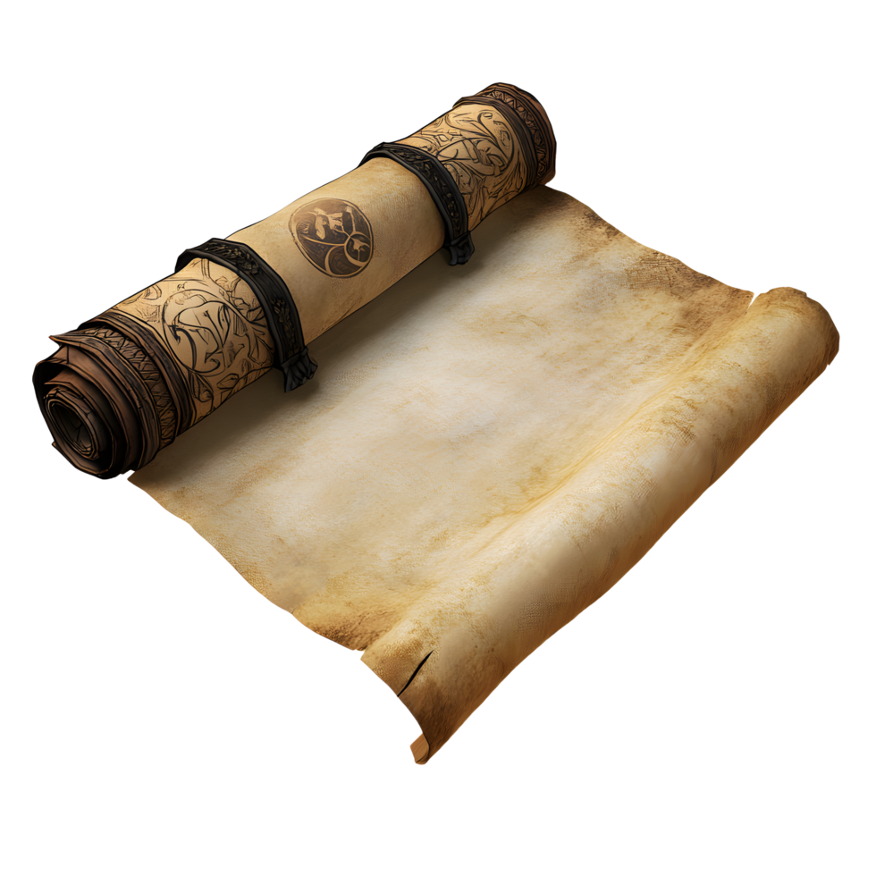 Ancient rolled parchment scroll with ornate decorative bands and a circular emblem isolated on transparent background png