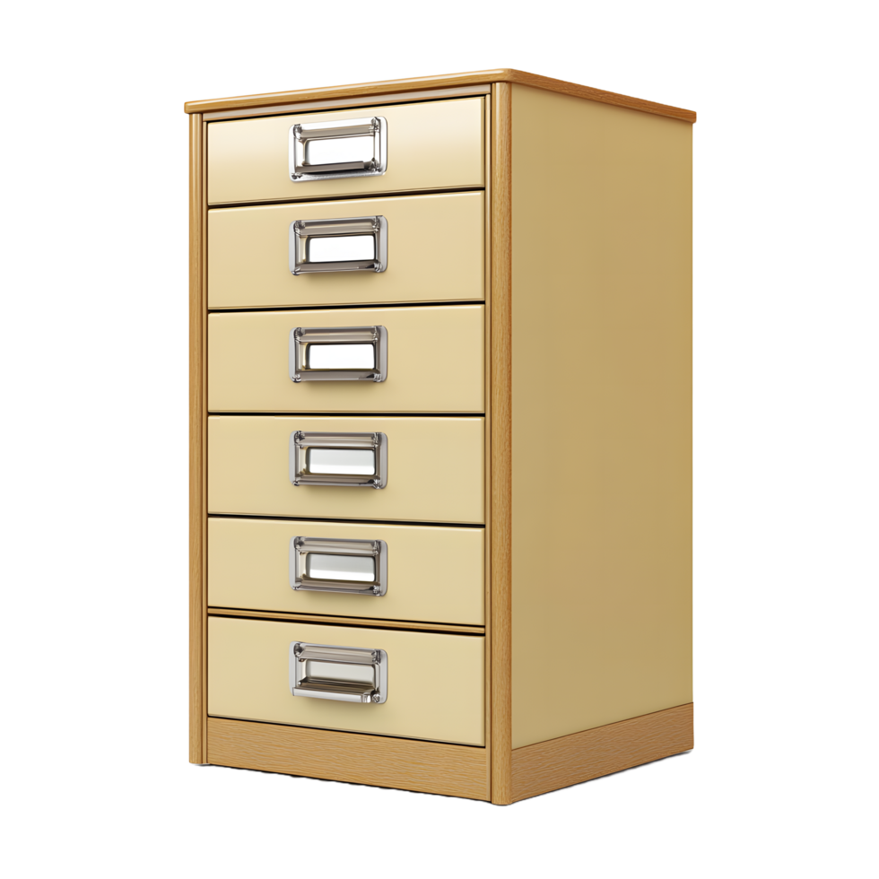A vintage style wooden filing cabinet with six drawers and metal label holders isolated on transparent background png