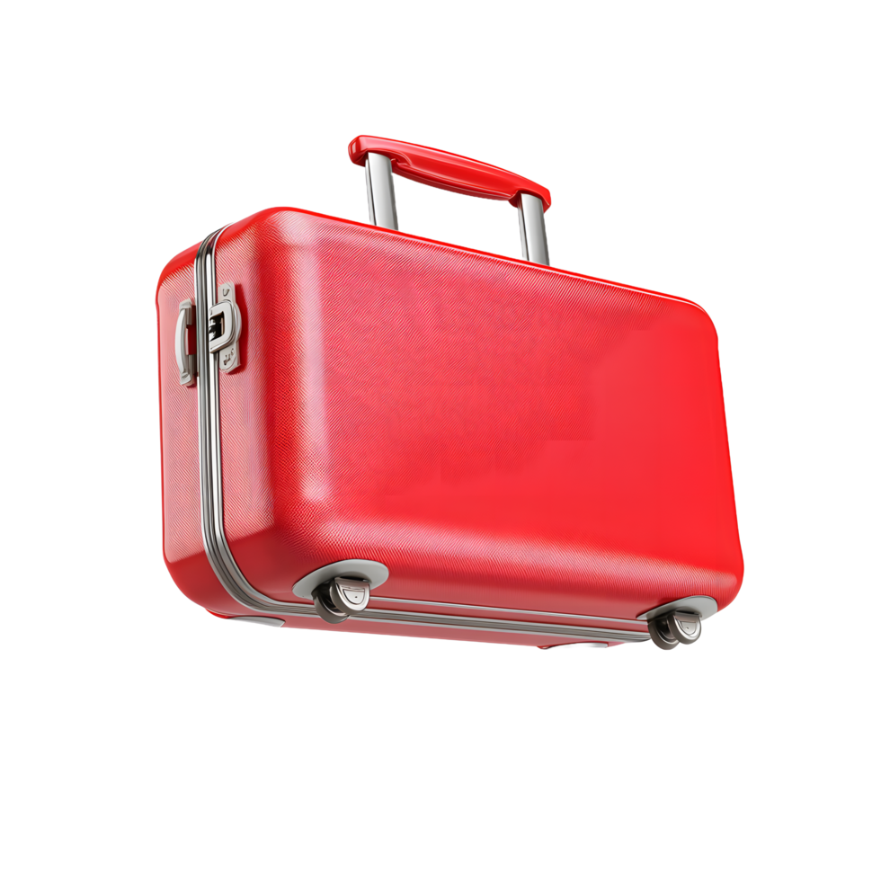 Shiny red vintage suitcase with chrome details and wheels isolated on transparent background png
