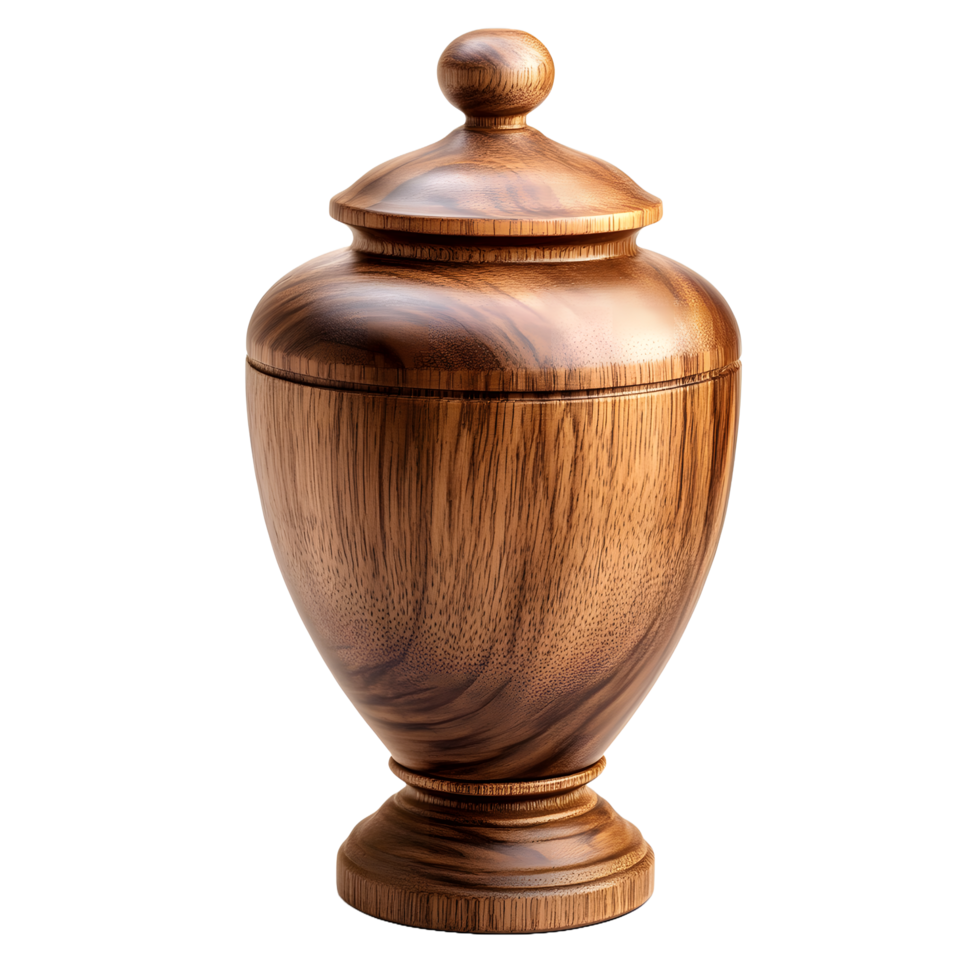 Elegant wooden urn with a spherical lid and a detailed base isolated on transparent background png