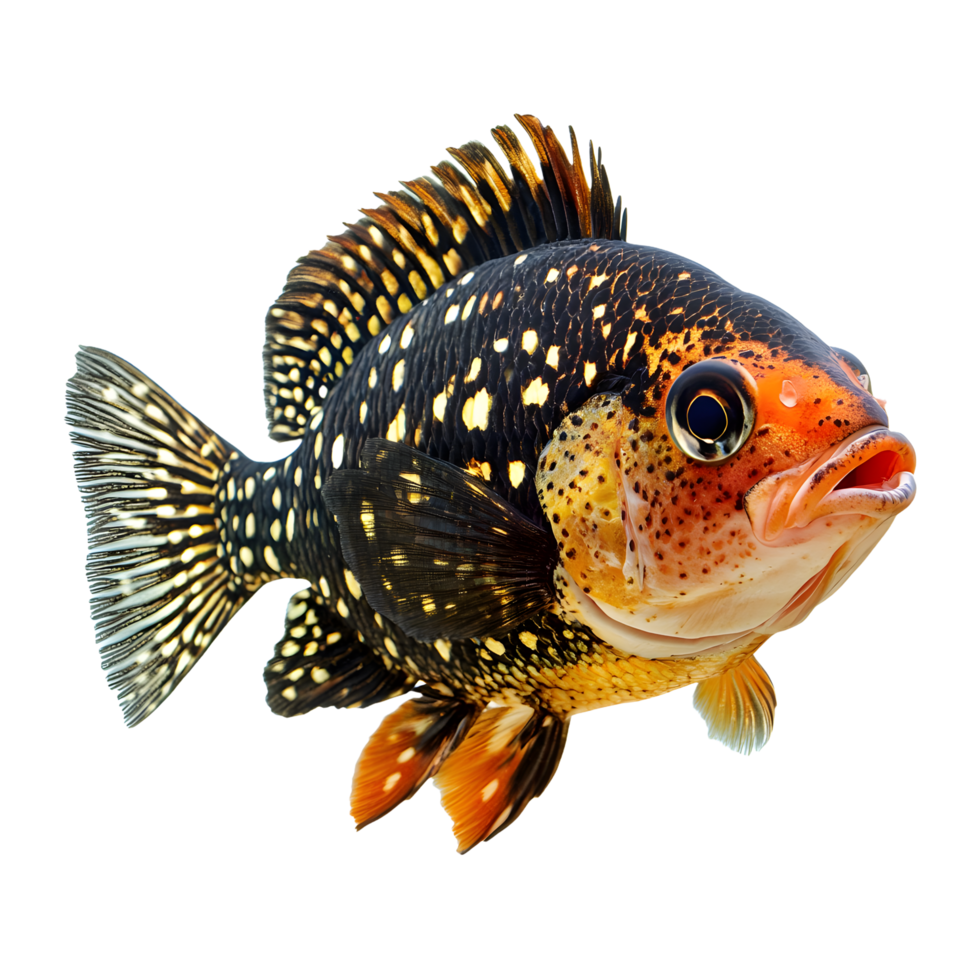 Vibrant spotted fish with orange accents and detailed fins isolated on transparent background png