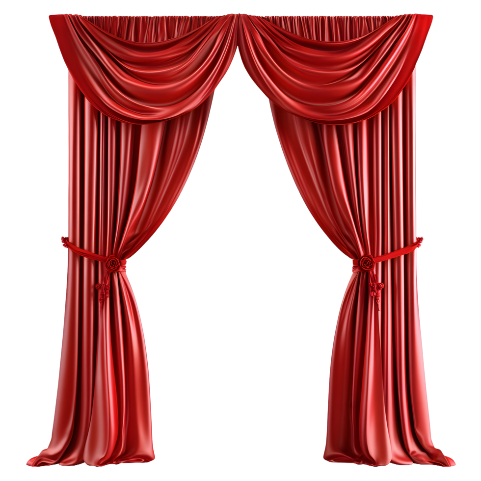 Elegant red velvet theater curtains with ornate tiebacks isolated on transparent background png
