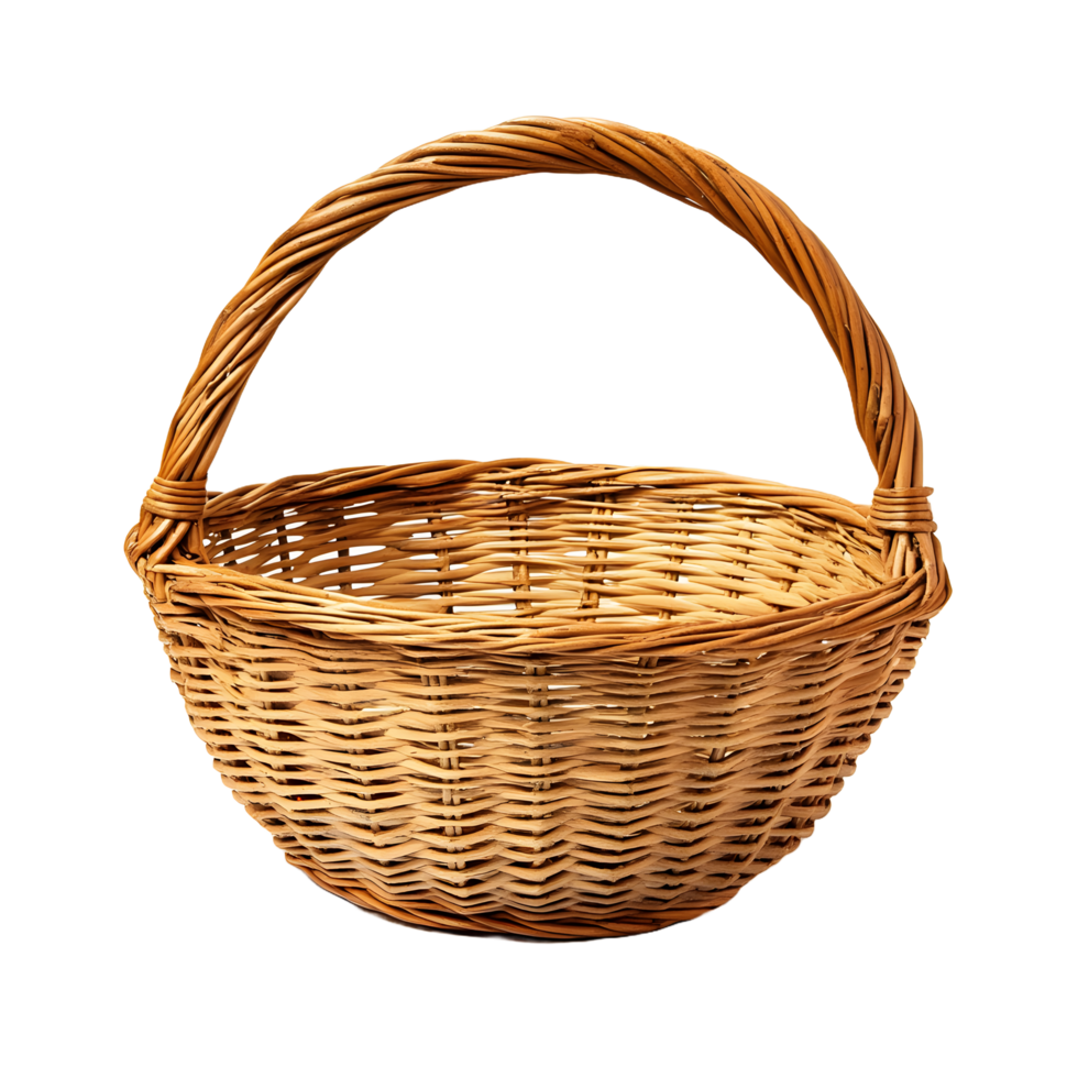 A classic woven wicker basket with a curved handle isolated on transparent background png