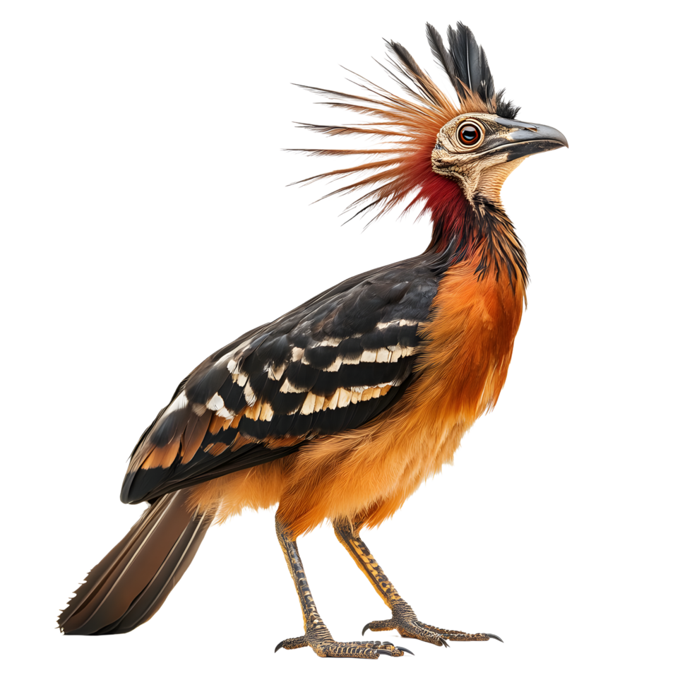 Hoatzin bird with striking orange and black plumage and crest isolated on transparent background png
