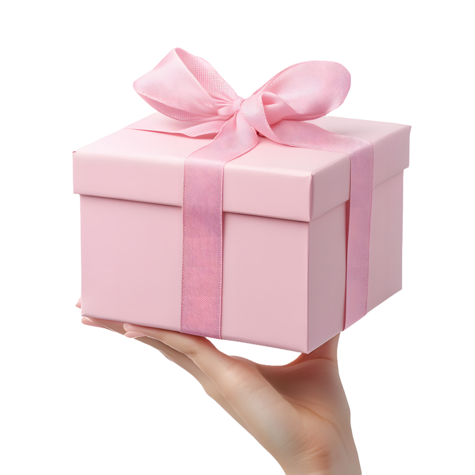 Delicate pink gift box with satin ribbon and bow held by a woman s hand isolated on transparent background png
