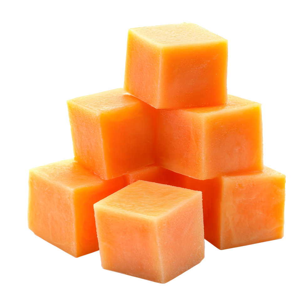 Pile of freshly cut orange papaya cubes isolated on transparent background png