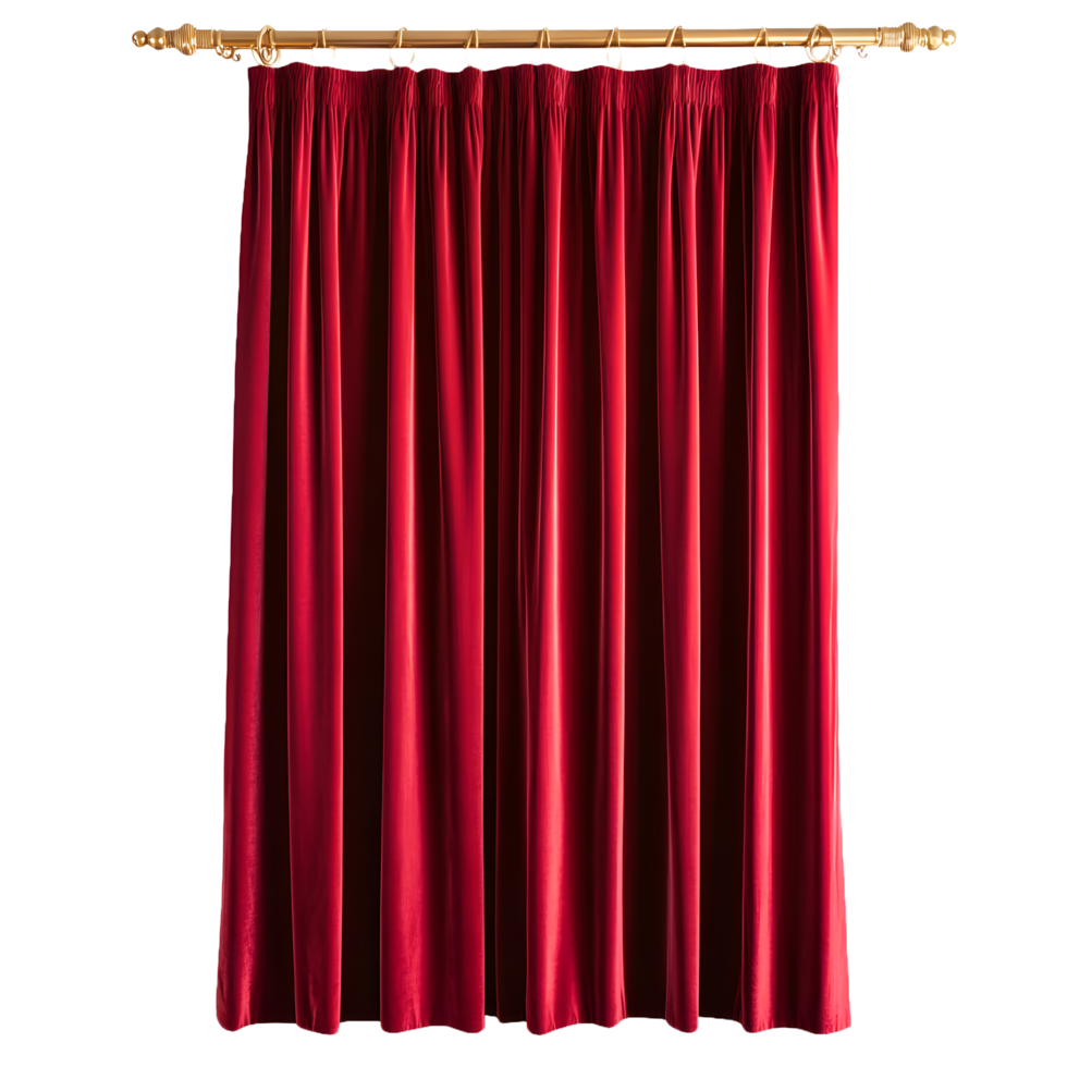 Luxurious red velvet theater curtain with golden rod and rings isolated on transparent background png