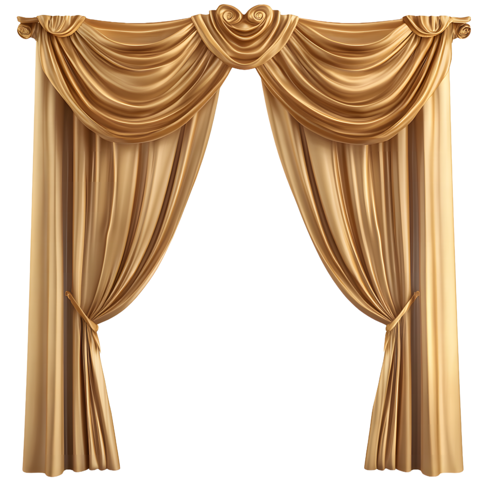 Elegant gold silk stage curtains with ornate swag valance and tiebacks isolated on transparent background png