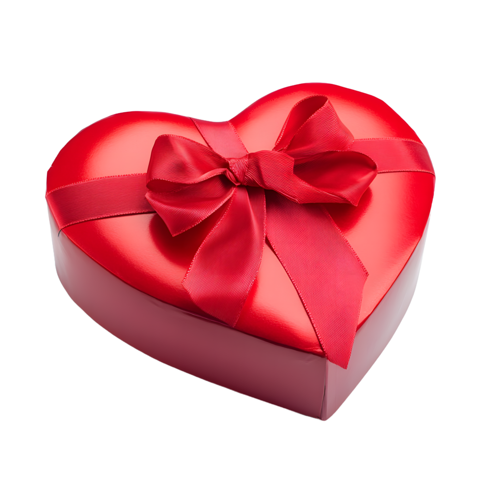Shiny red heart shaped gift box with a beautiful satin ribbon bow isolated on transparent background png