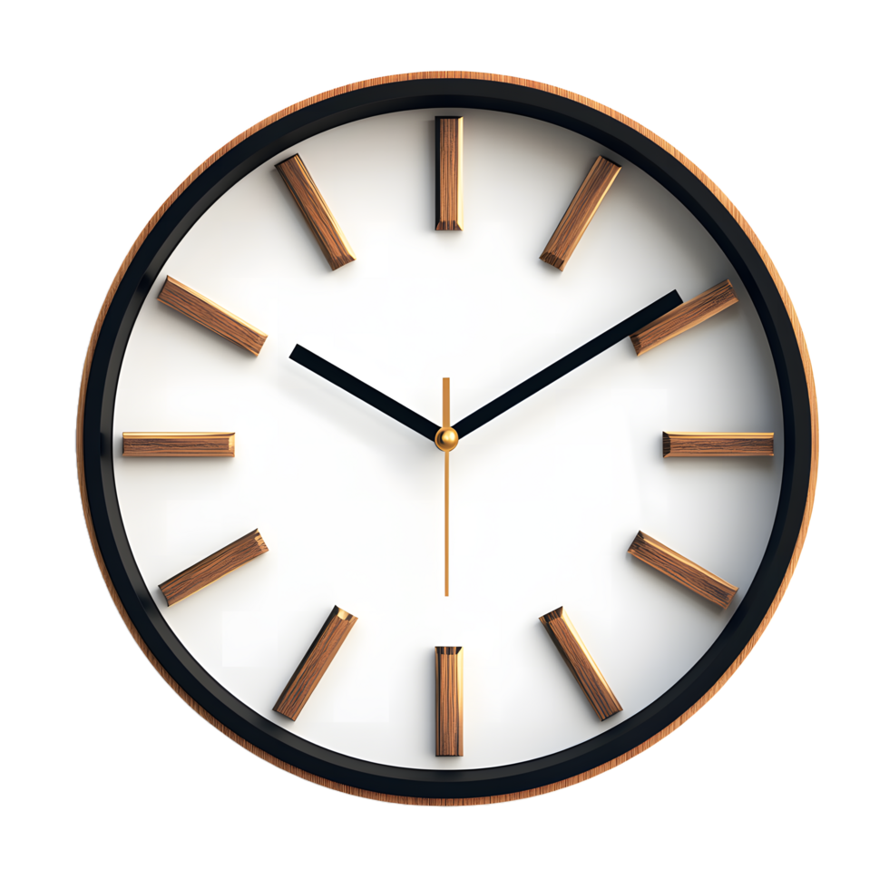 Modern minimalist wall clock with wooden hour markers and black hands isolated on transparent background png