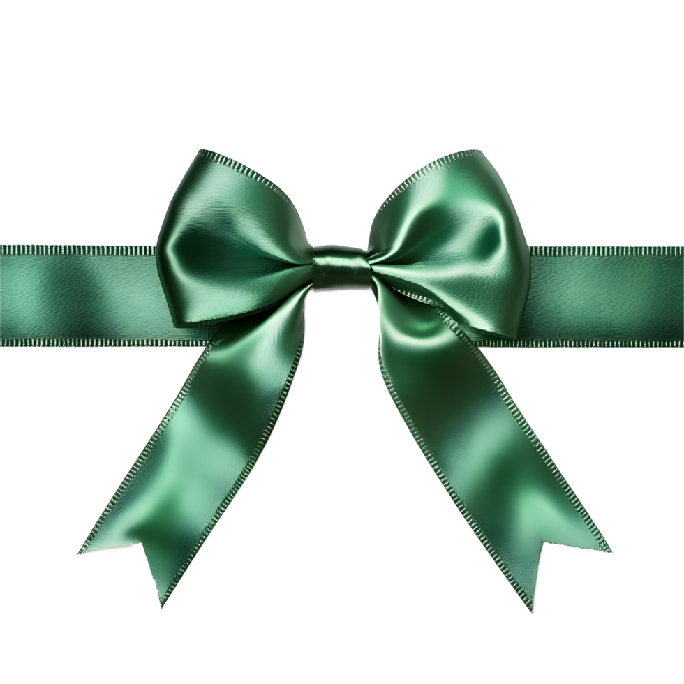 Elegant green satin ribbon bow with a textured finish isolated on transparent background png