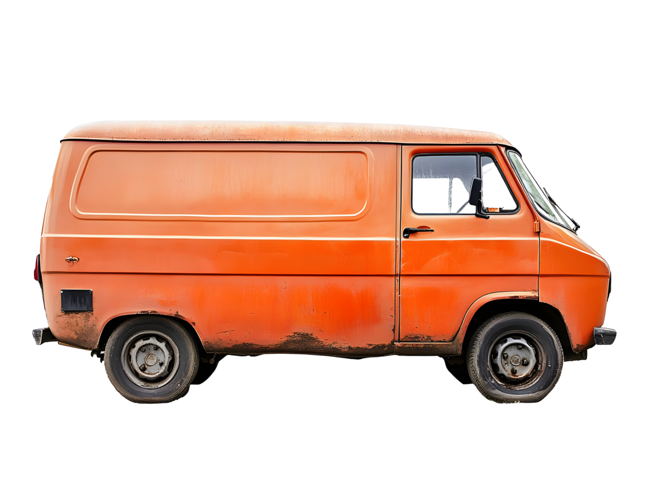 Old orange cargo van with visible rust and wear isolated on transparent background png