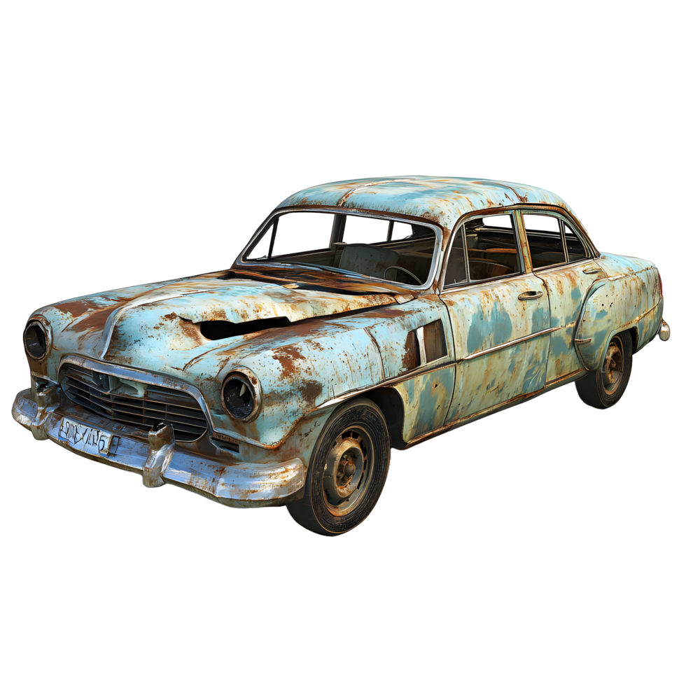 Vintage rusted blue sedan car with broken windows and peeling paint isolated on transparent background png
