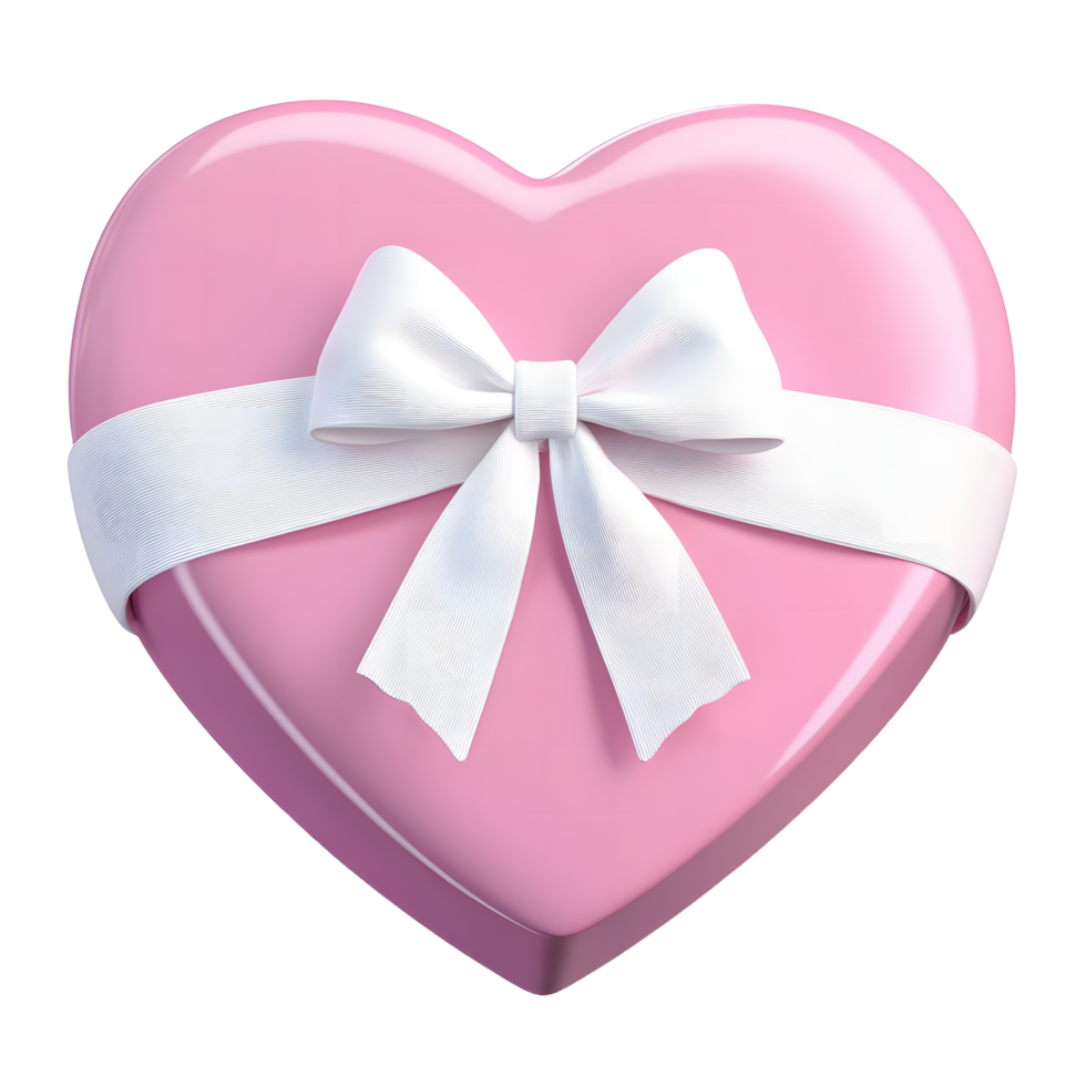 Glossy pink heart shaped gift box with white ribbon and bow isolated on transparent background png
