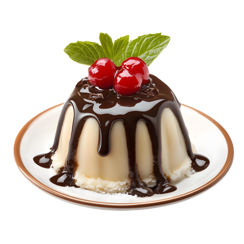 Delicious panna cotta dessert with chocolate sauce cherries and mint leaves isolated on transparent background png