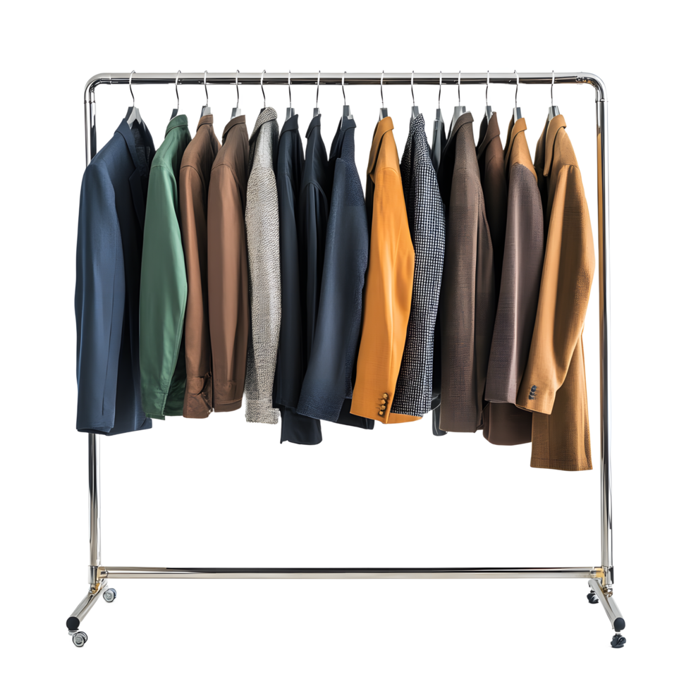 Collection of men s blazers and jackets hanging on a chrome rack isolated on transparent background png