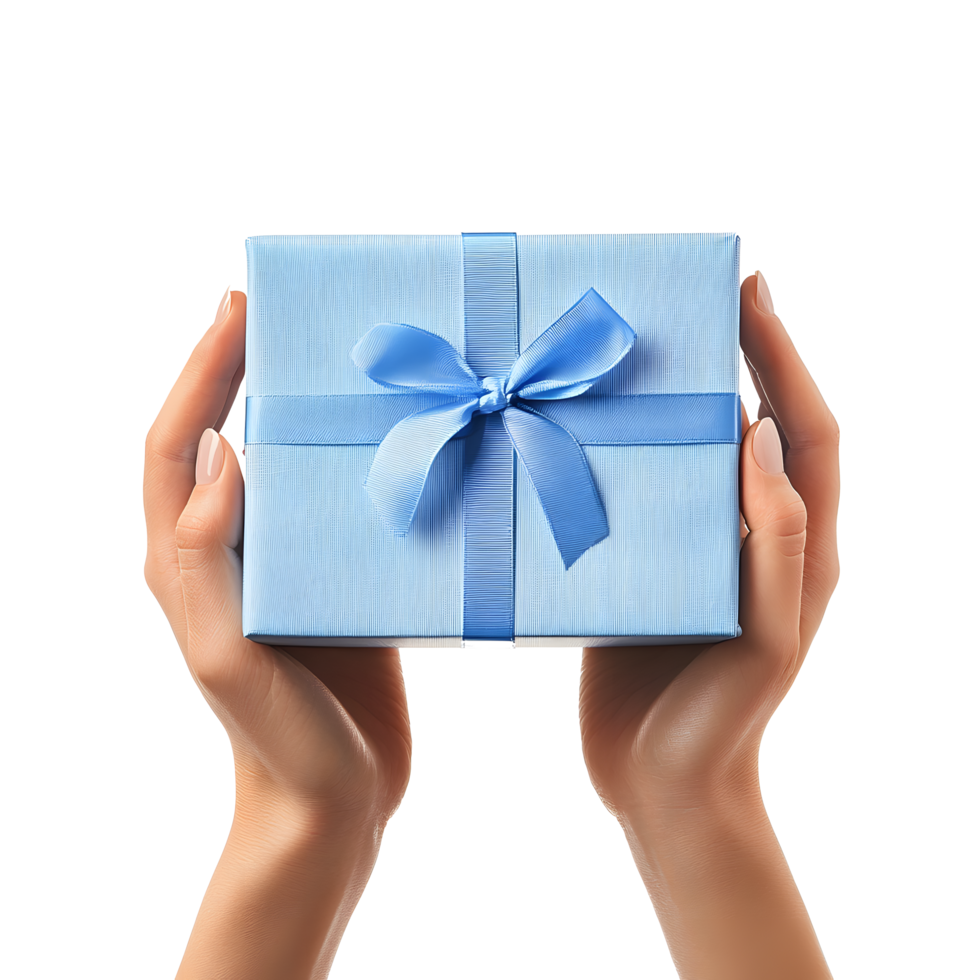 Hands holding a light blue gift box with a satin ribbon and bow isolated on transparent background png