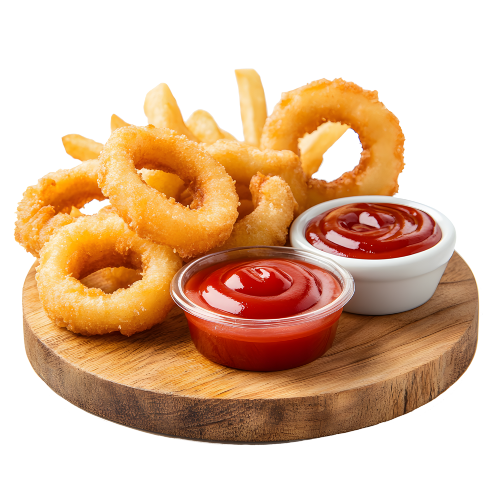 Crispy golden onion rings and french fries served with ketchup on a wooden board isolated on transparent background png