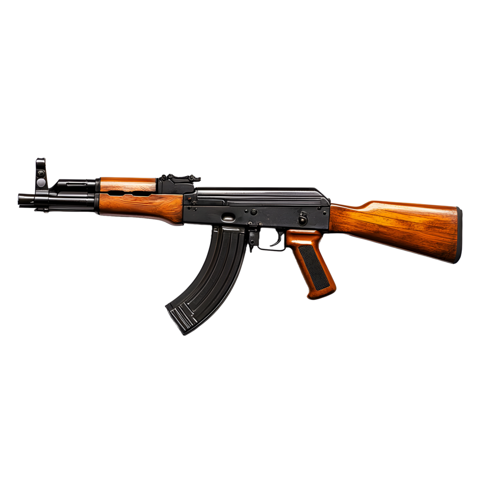 Classic ak 47 assault rifle with wooden furniture isolated on transparent background png