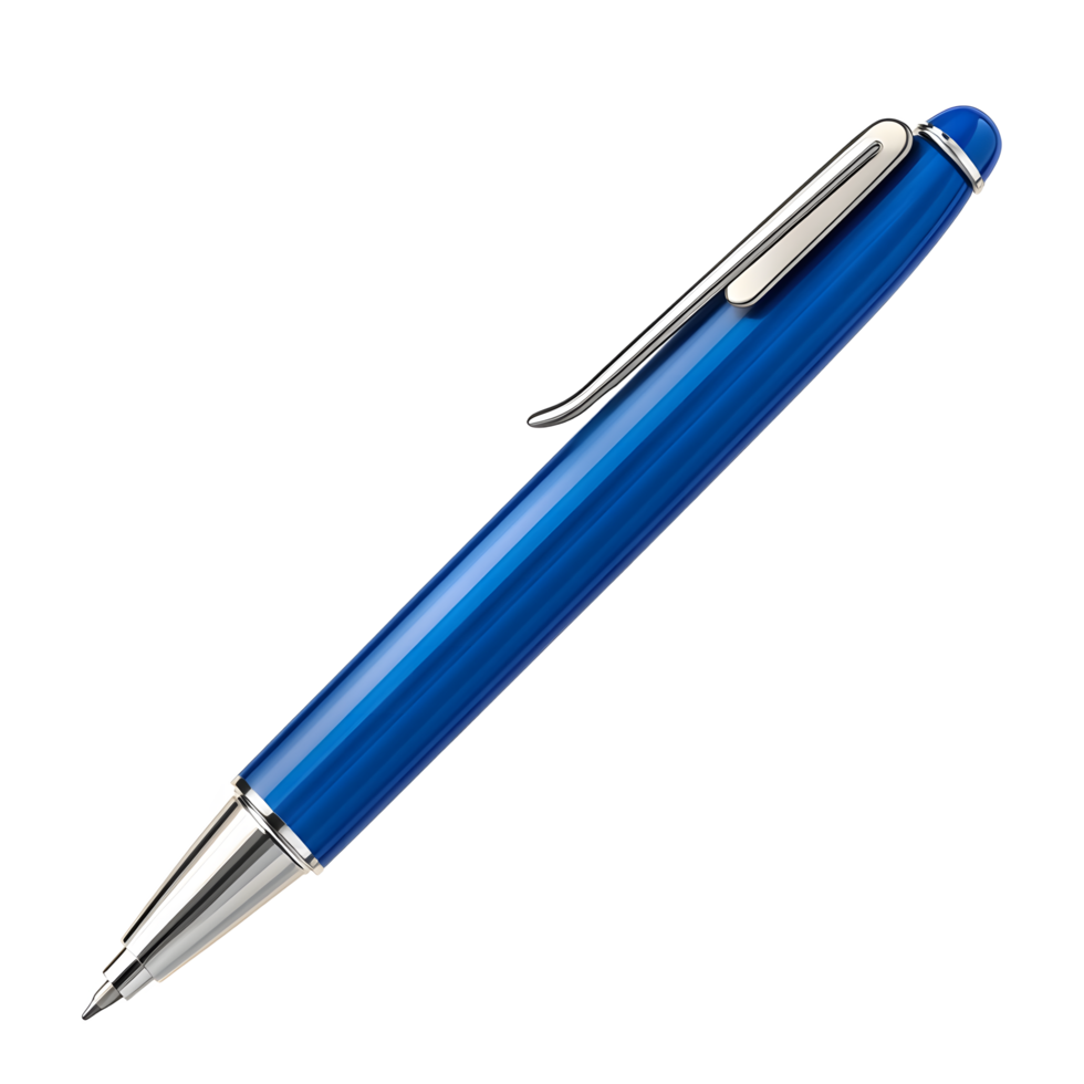 A sleek blue ballpoint pen with a silver clip and tip isolated on transparent background png