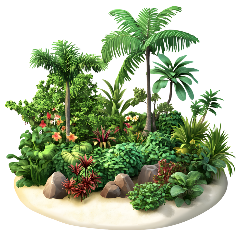 Lush tropical island diorama with palm trees and exotic plants isolated on transparent background png