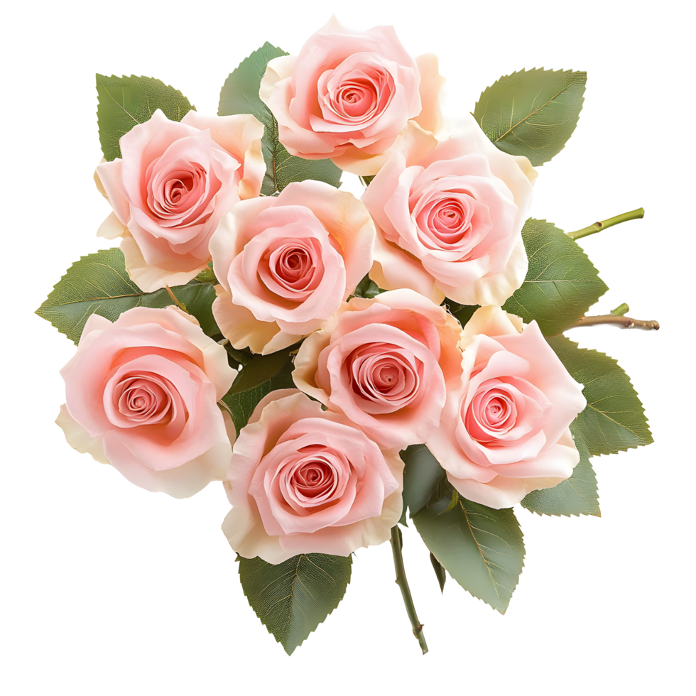 Beautiful bouquet of delicate light pink roses with green leaves isolated on transparent background png