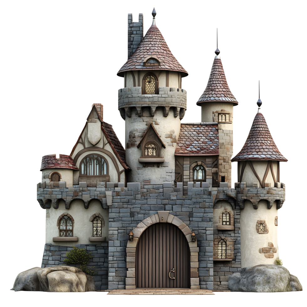Fairytale medieval castle with towers and arched gateway isolated on transparent background png