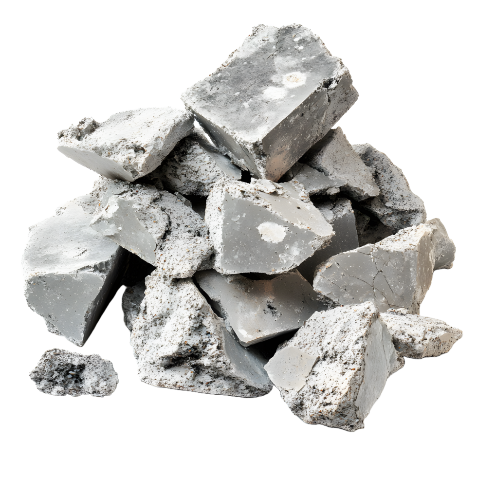 Pile of rough grey concrete chunks and broken pieces isolated on transparent background png